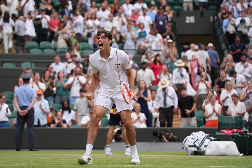 Taylor Fritz celebrates his win over Alexander Bublik at the Wimbledon.