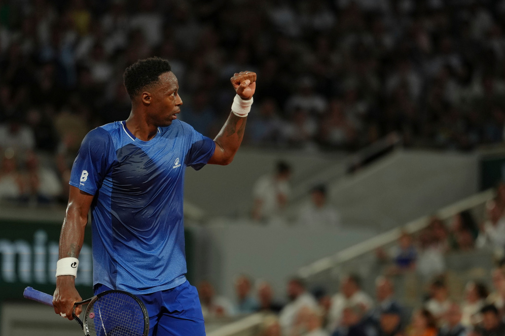 Tennis star Gael Monfils gestures during the first round of the French Open tennis tournament.