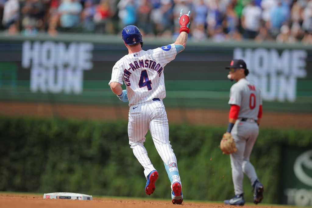 Cubs OF Pete Crow-Armstrong celebrates after hitting a two-run home run vs. the Cardinals.