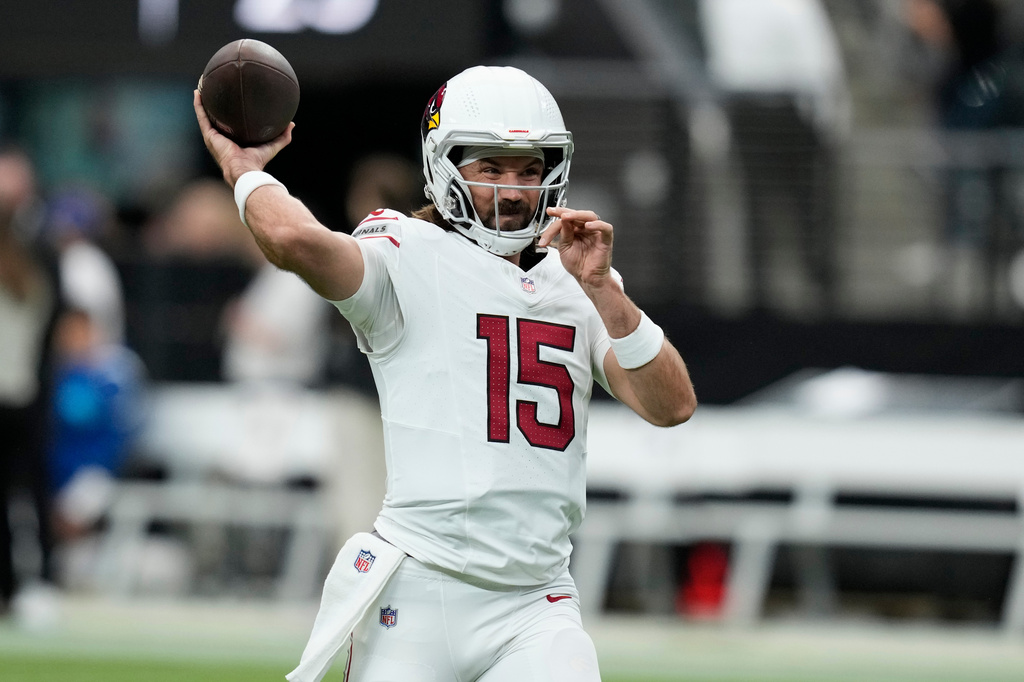 Arizona Cardinals QB Gardner Minshew II warms up prior to a preseason NFL football game against the Las Vegas Raiders, Thursday, Aug. 13, 2026, in Las Vegas.