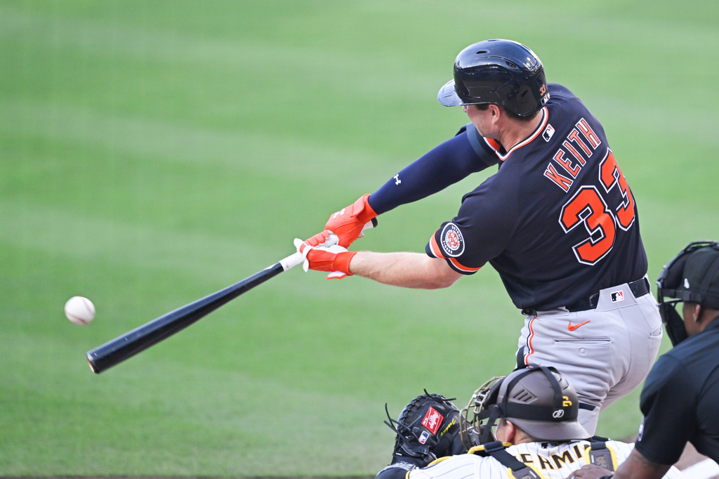 Detroit Tigers 3B Colt Keith hits the ball during an MLB game against the San Diego Padres.