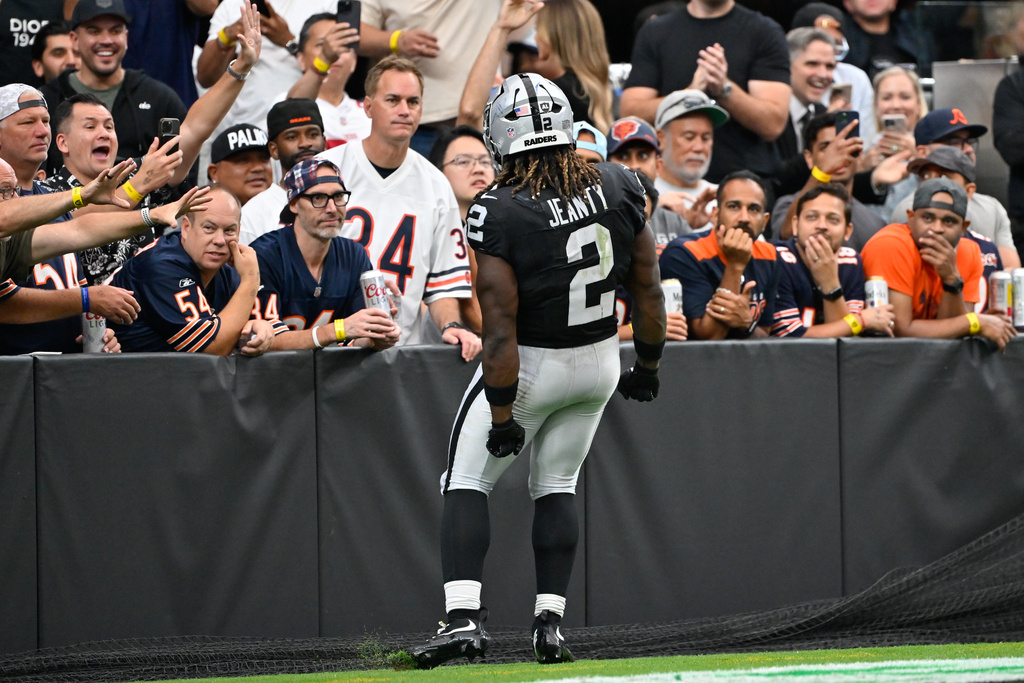 Las Vegas Raiders RB Ashton Jeanty celebrates during an NFL game against the Chicago Bears.