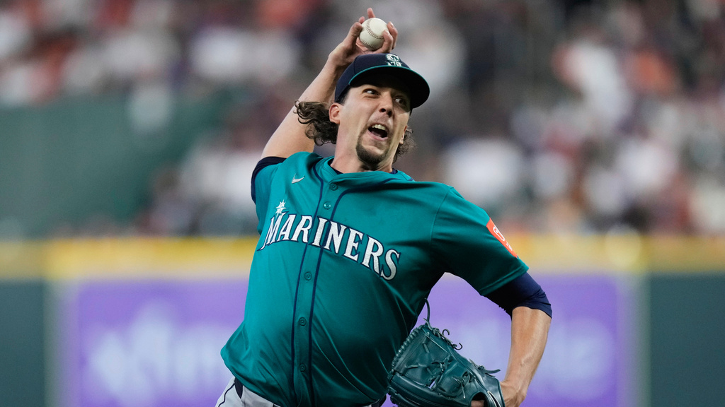 Seattle Mariners SP Logan Gilbert delivers a pitch during an MLB game against the Houston Astros.