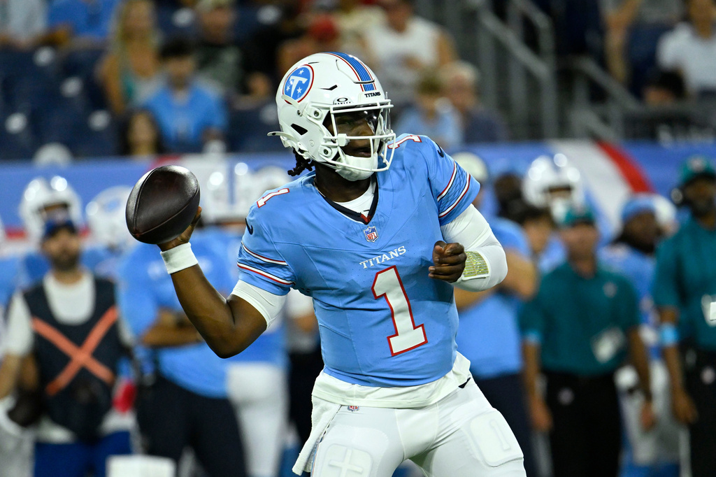 Titans QB Cam Ward throws a pass during a preseason game vs. the Seahawks.