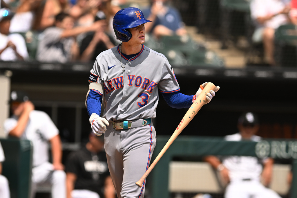 New York Mets RF Carson Benge after striking out during an MLB game against the Chicago White Sox.