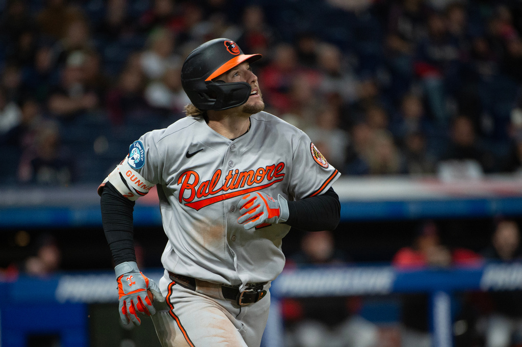 Baltimore Orioles SS Gunnar Henderson looks on during an MLB game against the Cleveland Guardians.