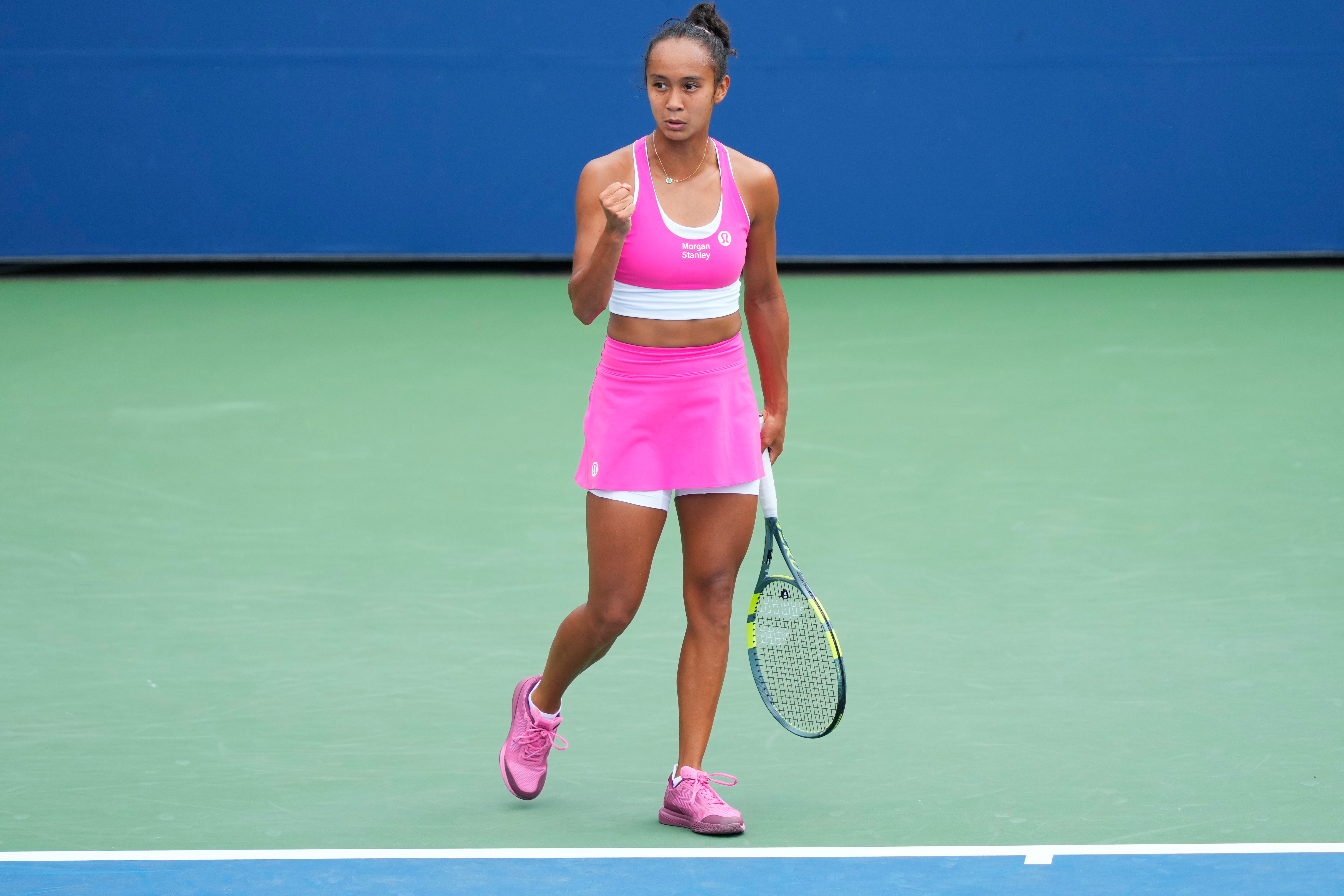 Tennis star Leylah Fernandez of Canada celebrates during the US Open tournament.