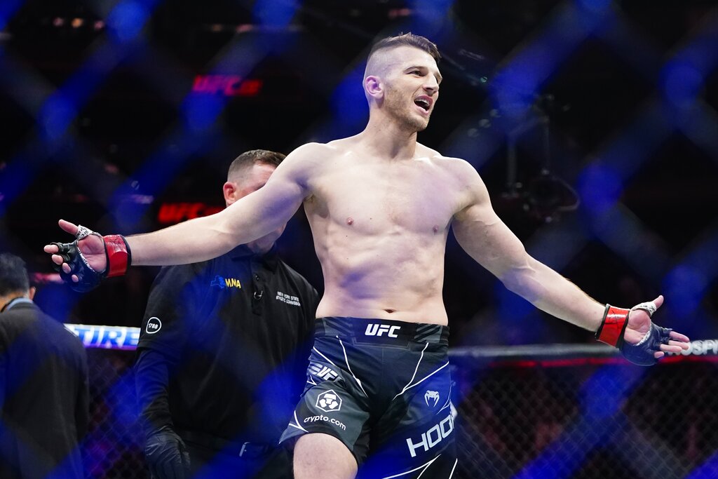 UFC star Dan Hooker gestures during a UFC 281 MMA event in New York.