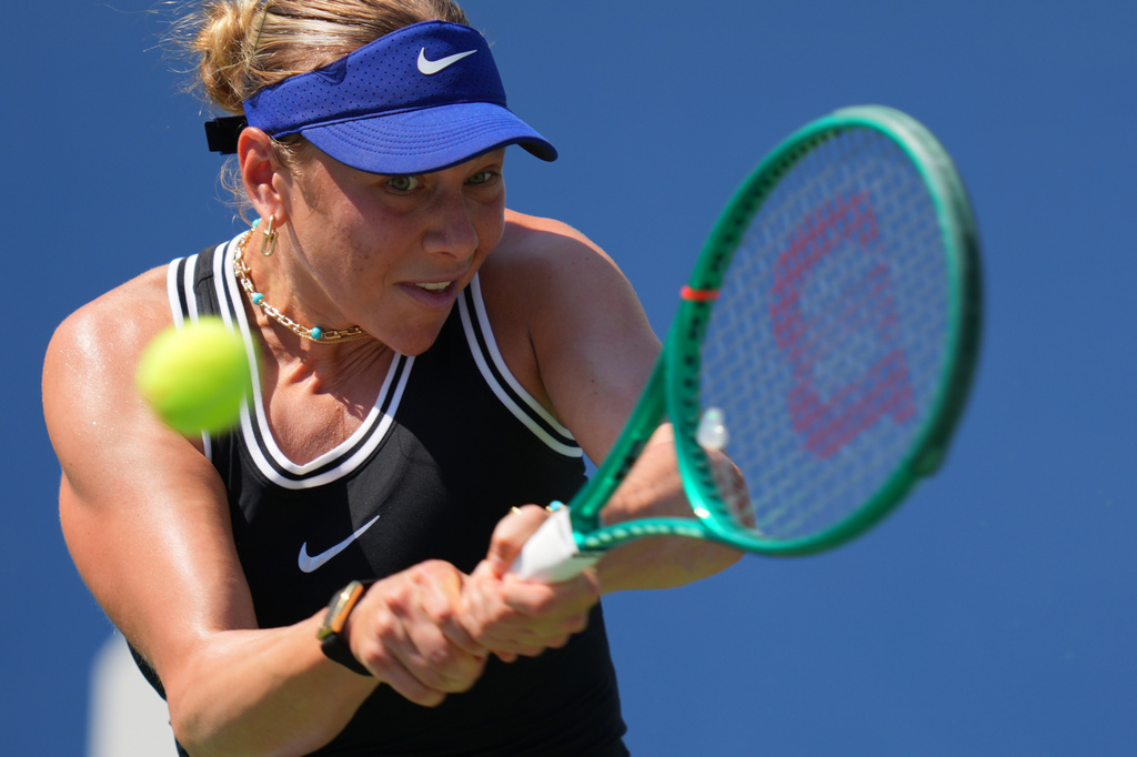 Amanda Anisimova, of the United States, returns the ball to Lilli Tagger, of Austria, during the second round of the U.S. Open tennis championships Thursday, Sept. 3, 2026, in New York. 