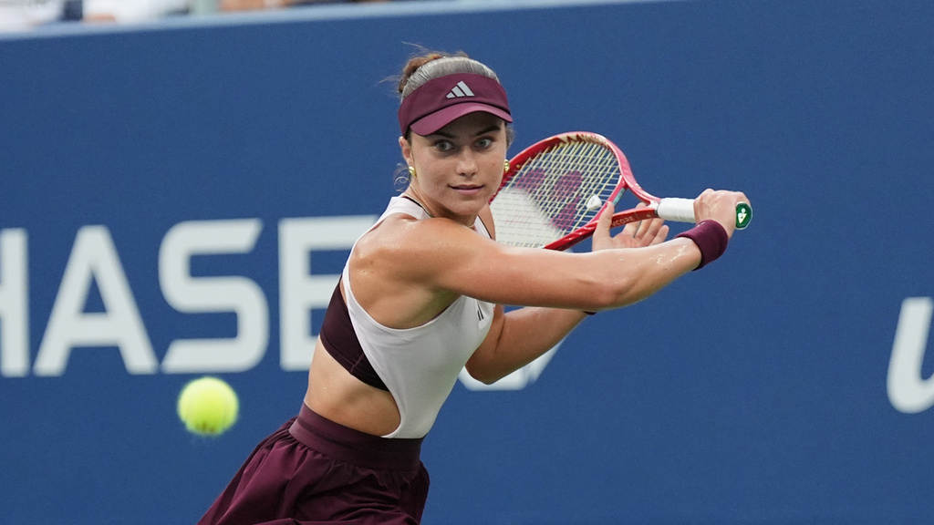 Tennis star Iva Jovic of the United States hits a shot during the 2026 US Open.