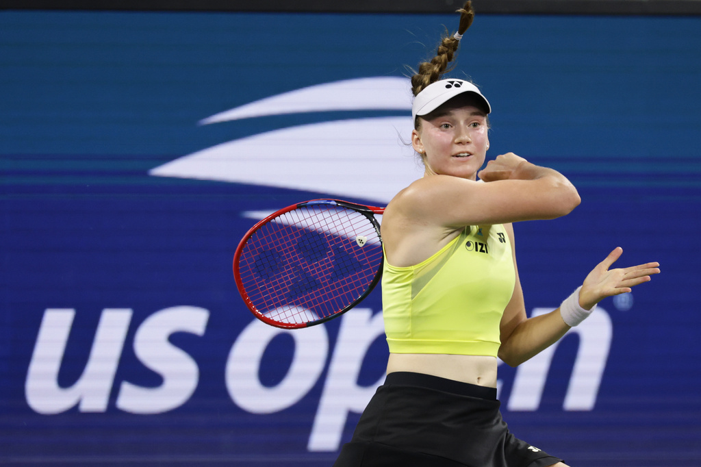 Tennis star Elena Rybakina of Kazakhstan hits a shot during the US Open tournament.