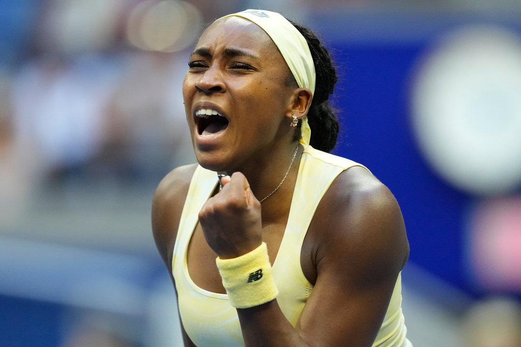 Tennis star Coco Gauff of the United States celebrates a win during the third round of the US Open tournament.