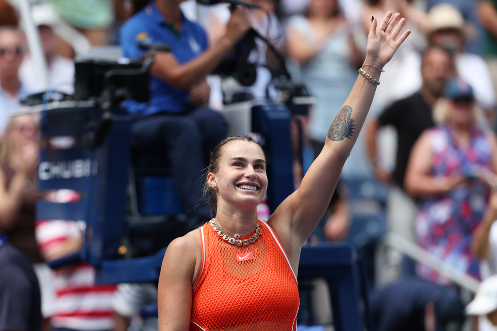 Aryna Sabalenka celebrates a win over Kamilla Rakhimova at the USO