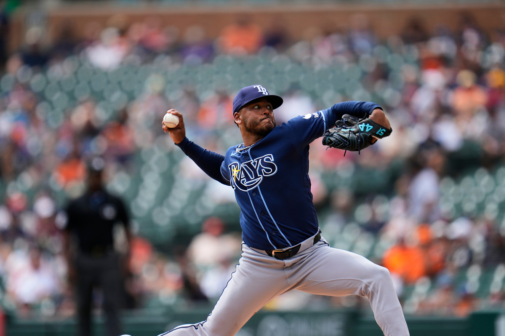 Rays SP Freddy Peralta winds up for a pitch in his start vs. the Tigers.