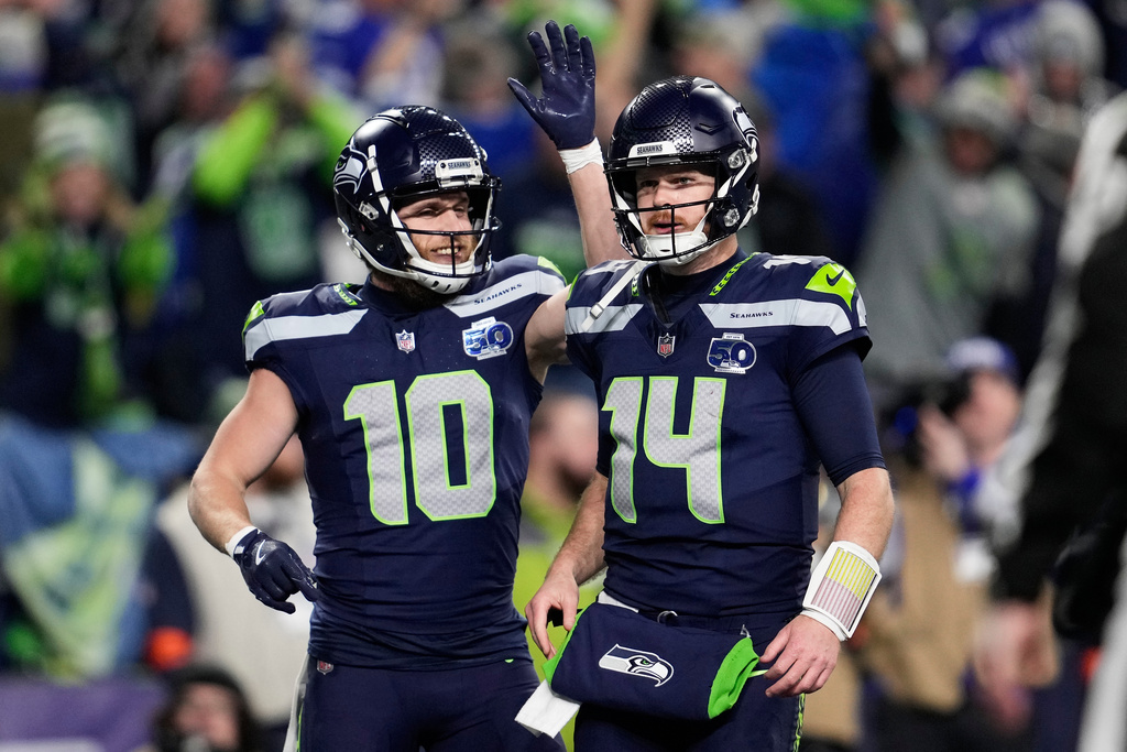 Seattle Seahawks WR Cooper Kupp and QB Sam Darnold during Super Bowl LX.