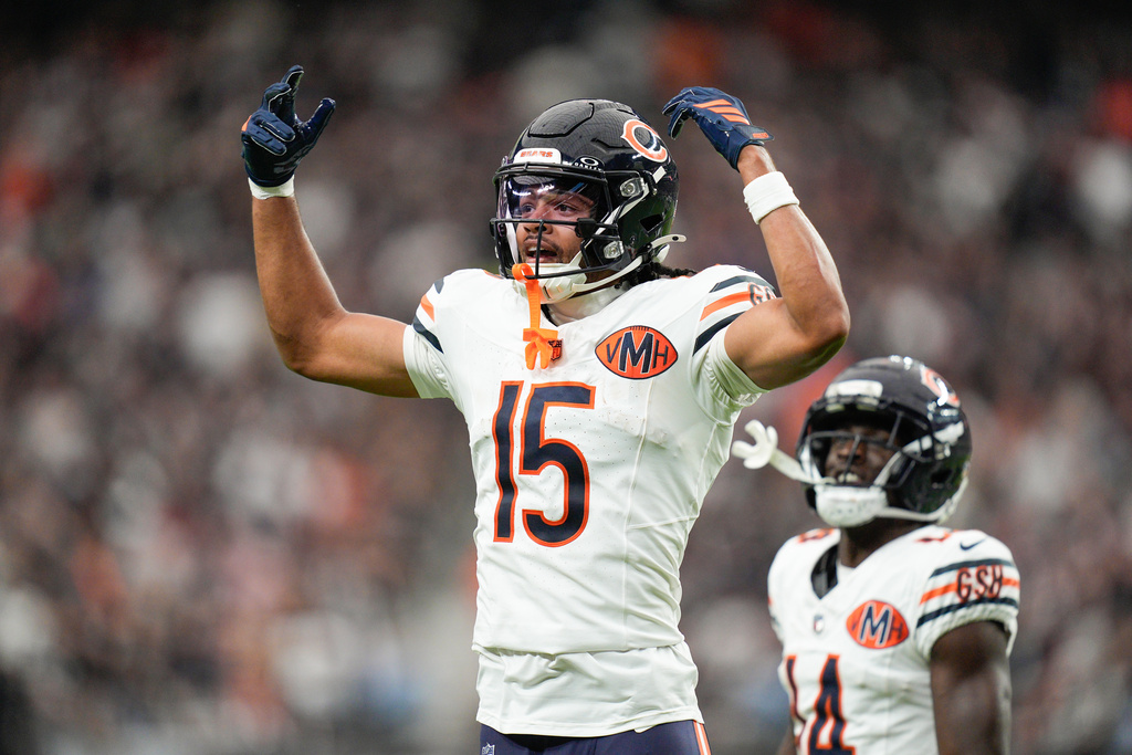 Chicago Bears WR Rome Odunze celebrates a touchdown during the second half of an NFL football game against the Las Vegas Raiders Sunday, Sept. 28, 2025, in Las Vegas.