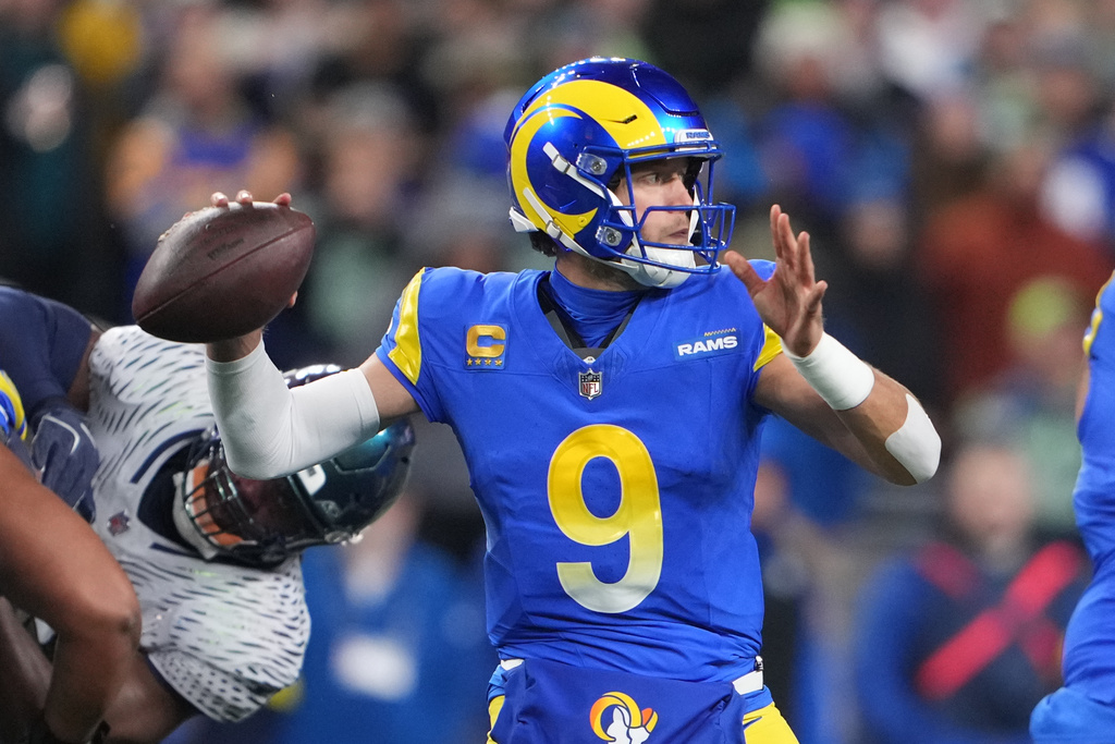 Rams QB Matthew Stafford attempts a throw in a game vs. the Seahawks.