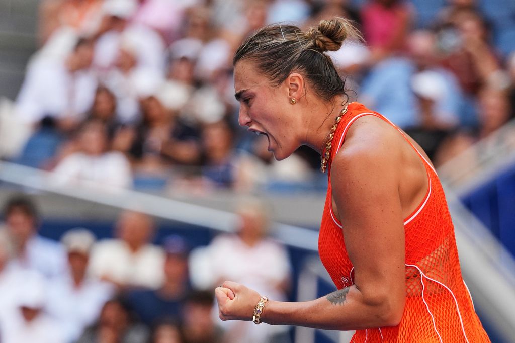 Aryna Sabalenka of Belarus reacts during a match at the US Open tennis tournament.