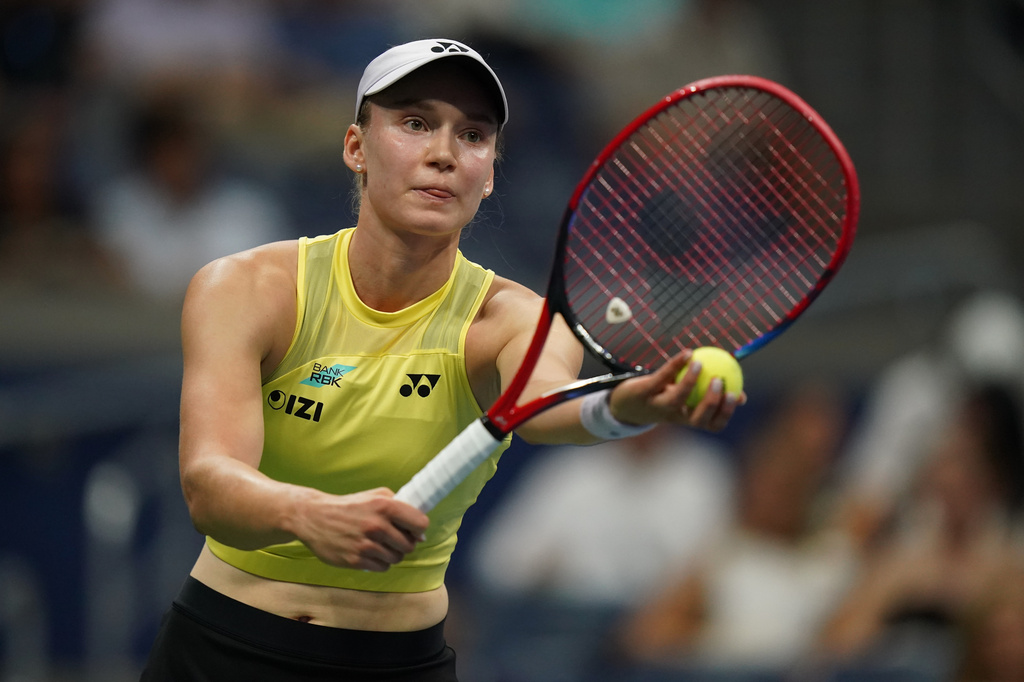 Elena Rybakina of Kazakhstan hits a serve during the 2026 US Open Tennis Tournament.