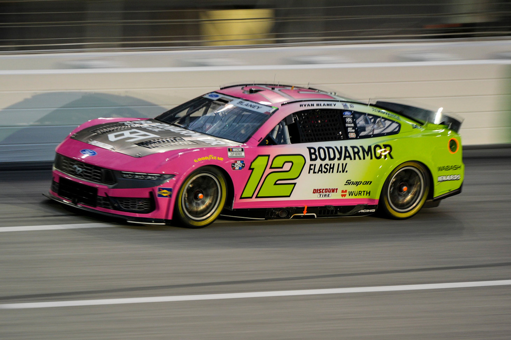 Ryan Blaney drives during a NASCAR Cup Series auto race in July.