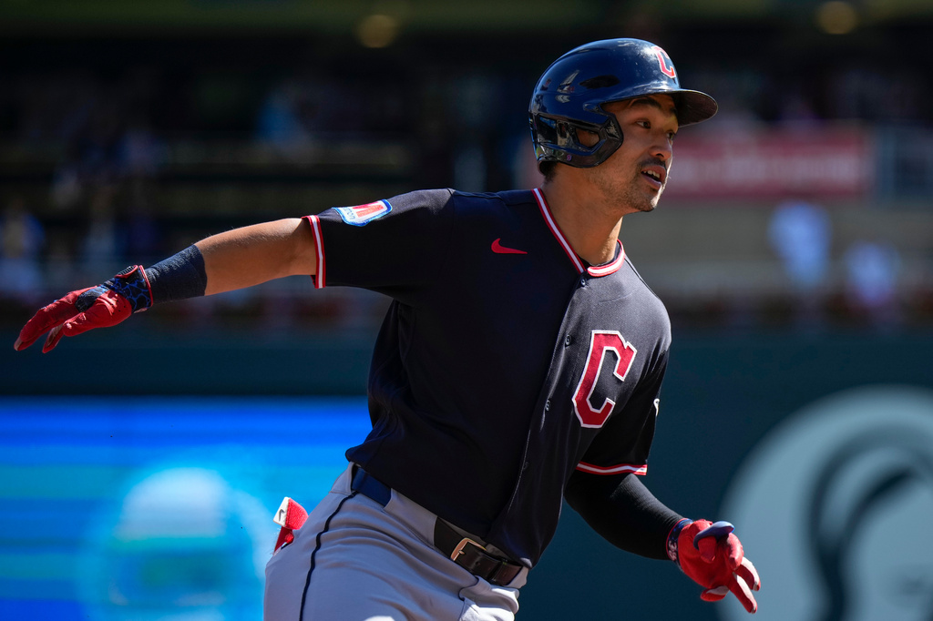 Cleveland Guardians OF Steven Kwan rounds the bases during an MLB game against the Minnesota Twins.