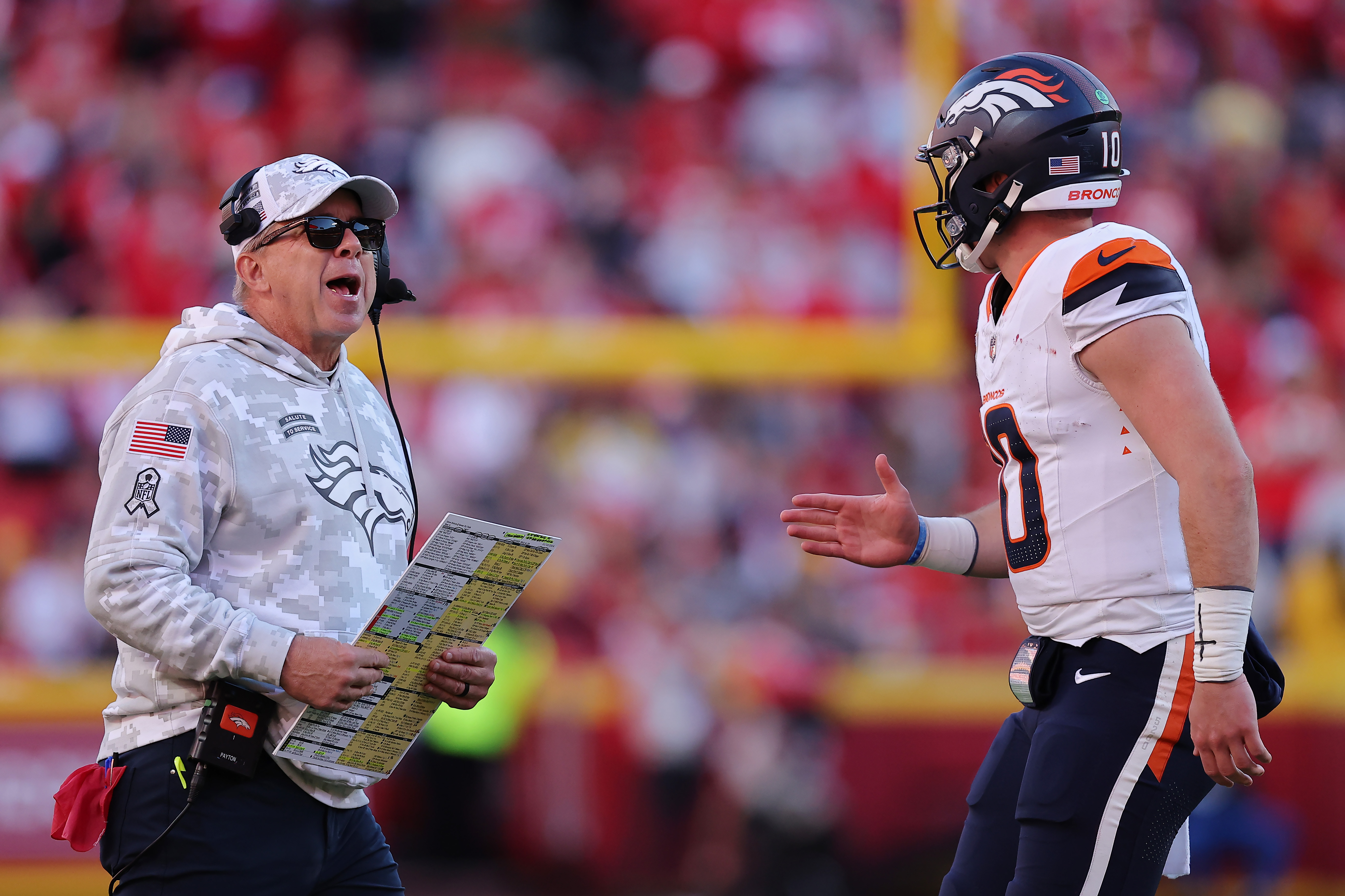 Denver Broncos head coach Sean Payton and QB Bo Nix during an NFL game against the Kansas City Chiefs.