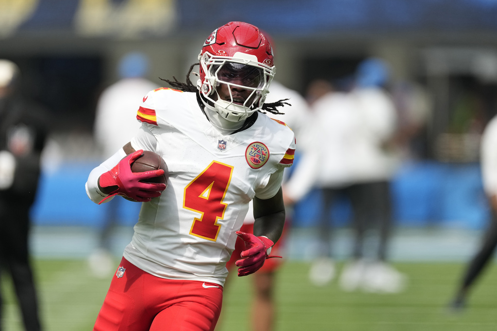 Kansas City Chiefs WR Rashee Rice before an NFL game against the Los Angeles Chargers.