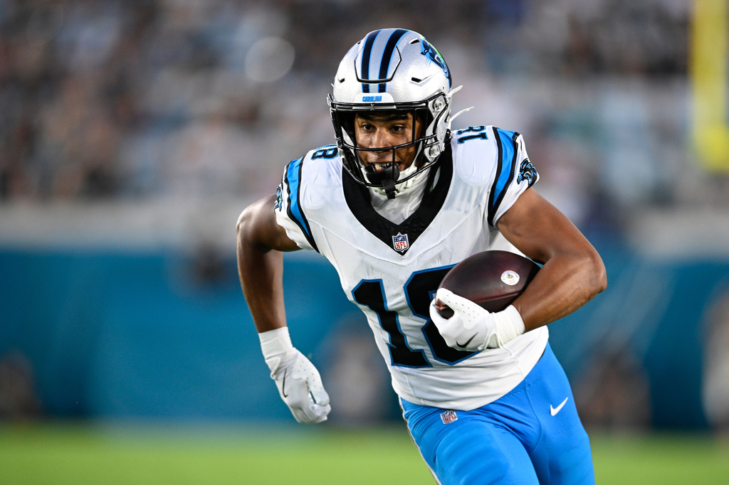 Carolina Panthers WR Jalen Coker runs during an NFL preseason game.