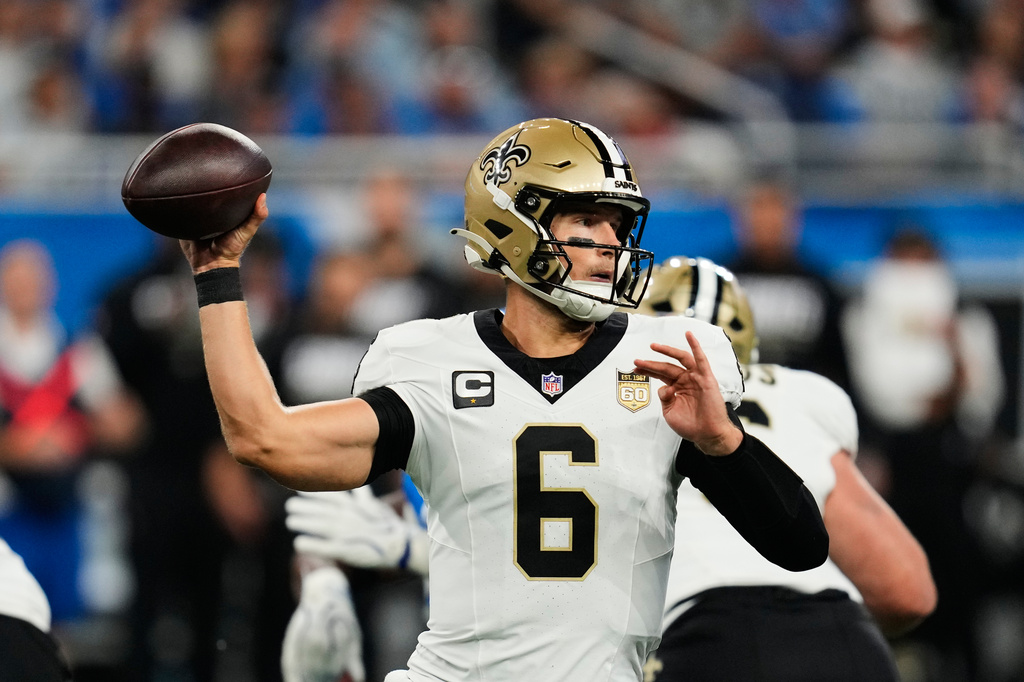 New Orleans Saints quarterback Tyler Shough (6) passes in the first half of an NFL football game against the Detroit Lions, Sunday, Sept. 13, 2026, in Detroit.