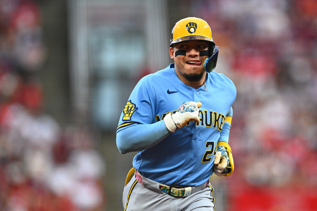 Milwaukee Brewers C William Contreras celebrates during an MLB game vs. the Cincinnati Reds.