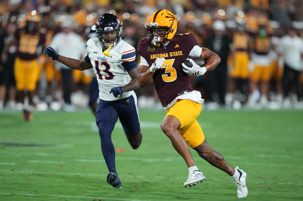 Arizona State wide receiver Reed Harris (3) runs the ball against Morgan State during an NCAA college football game in Tempe, Ariz., Saturday, Sept. 5, 2026.