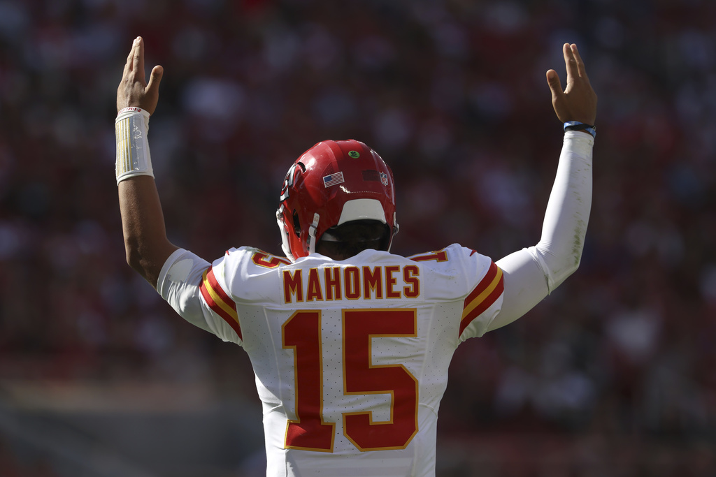 Kansas City Chiefs QB Patrick Mahomes celebrates during a game vs. the San Francisco 49ers.