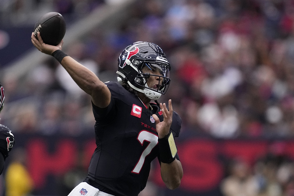 Houston Texans quarterback C.J. Stroud throws a pass during the first half of an NFL football game against the Indianapolis Colts, Sunday, Oct. 27, 2024, in Houston.