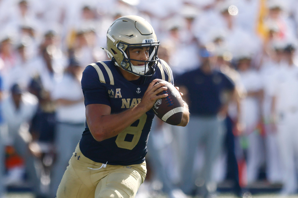 Navy QB Jackson Gutierrez during a college football game vs. Towson.