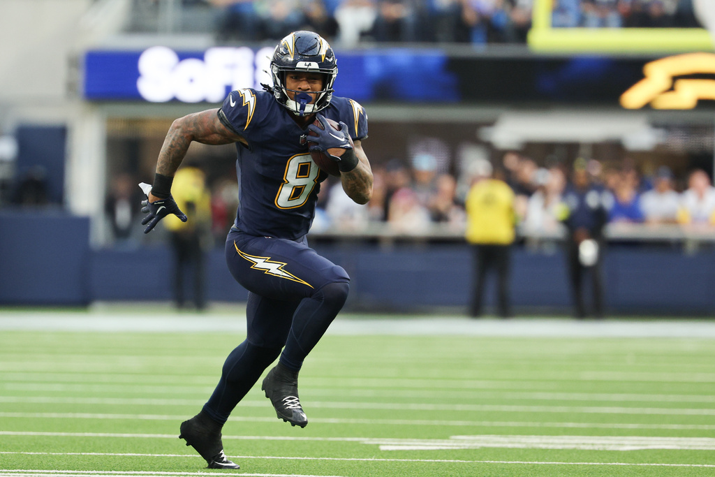 Los Angeles Chargers RB Omarion Hampton runs during an NFL game vs. the Houston Texans.