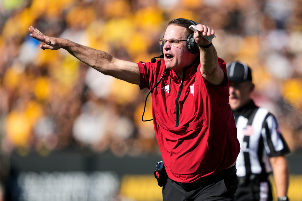 Indiana head coach Curt Cignetti reacts to a call during the first half of an NCAA college football game against Iowa, Saturday, Sept. 27, 2025, in Iowa City, Iowa.