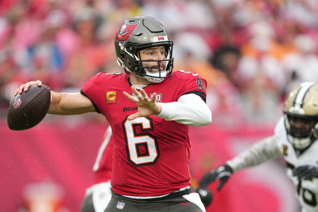 Tampa Bay Buccaneers quarterback Baker Mayfield (6) makes a pass attempt during an NFL football game against the New Orleans Saints, Sunday, Dec 7, 2025, in Tampa, Fla. 