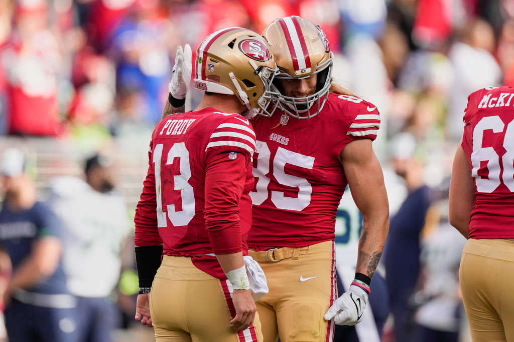 49ers QB Brock Purdy and TE George Kittle celebrate following a touchdown vs. the Seahawks.