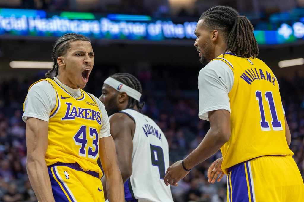Lakers G Cameron Carr celebrates after making a layup vs. the Kings during the preseason.