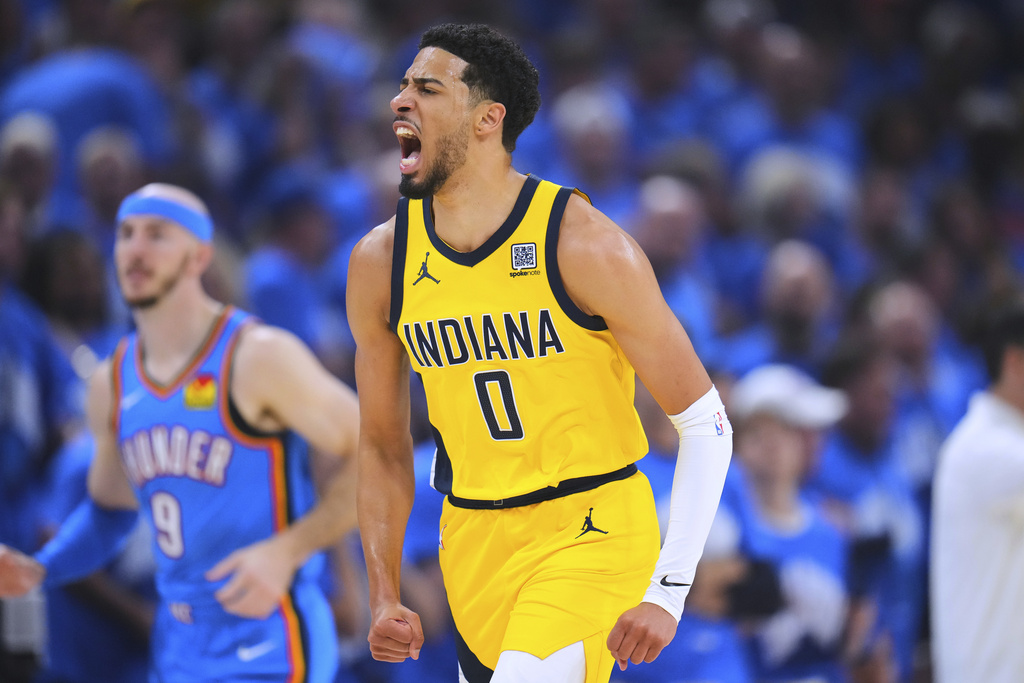 Pacers G Tyrese Haliburton reacts after scoring in Game 7 of the NBA Finals vs. the Thunder.