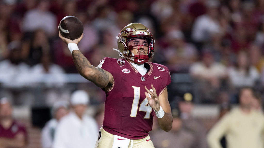 Florida State quarterback Ashton Daniels throws during the first half an NCAA college football game against SMU, Monday, Sept. 7, 2026, in Tallahassee, Fla.