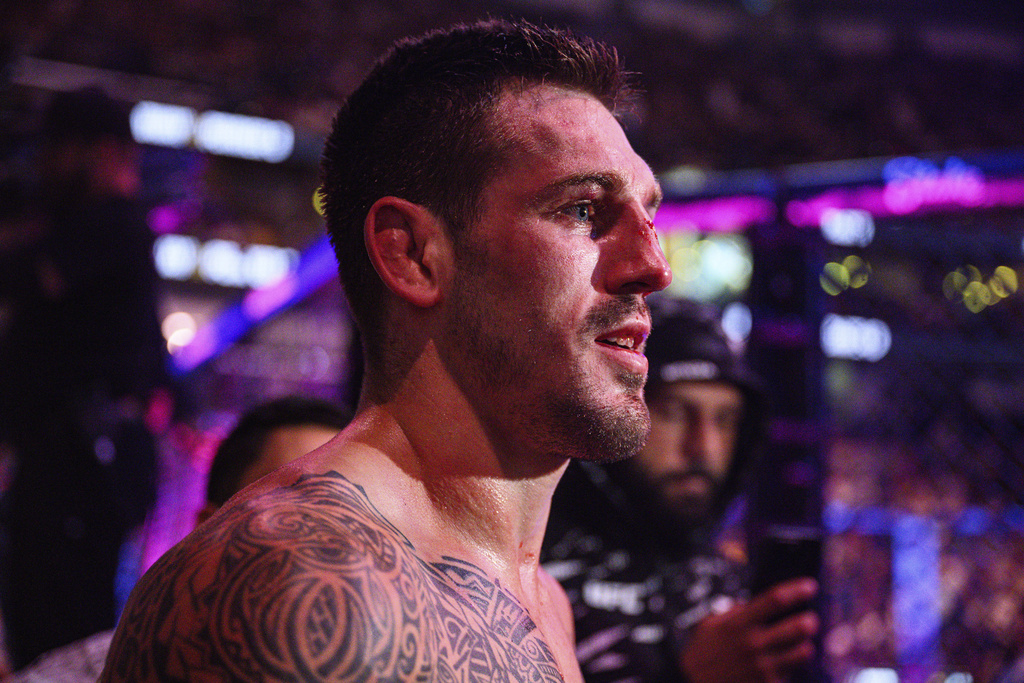 Brendan Allen celebrates winning a preliminary middleweight title fight at UFC 318.