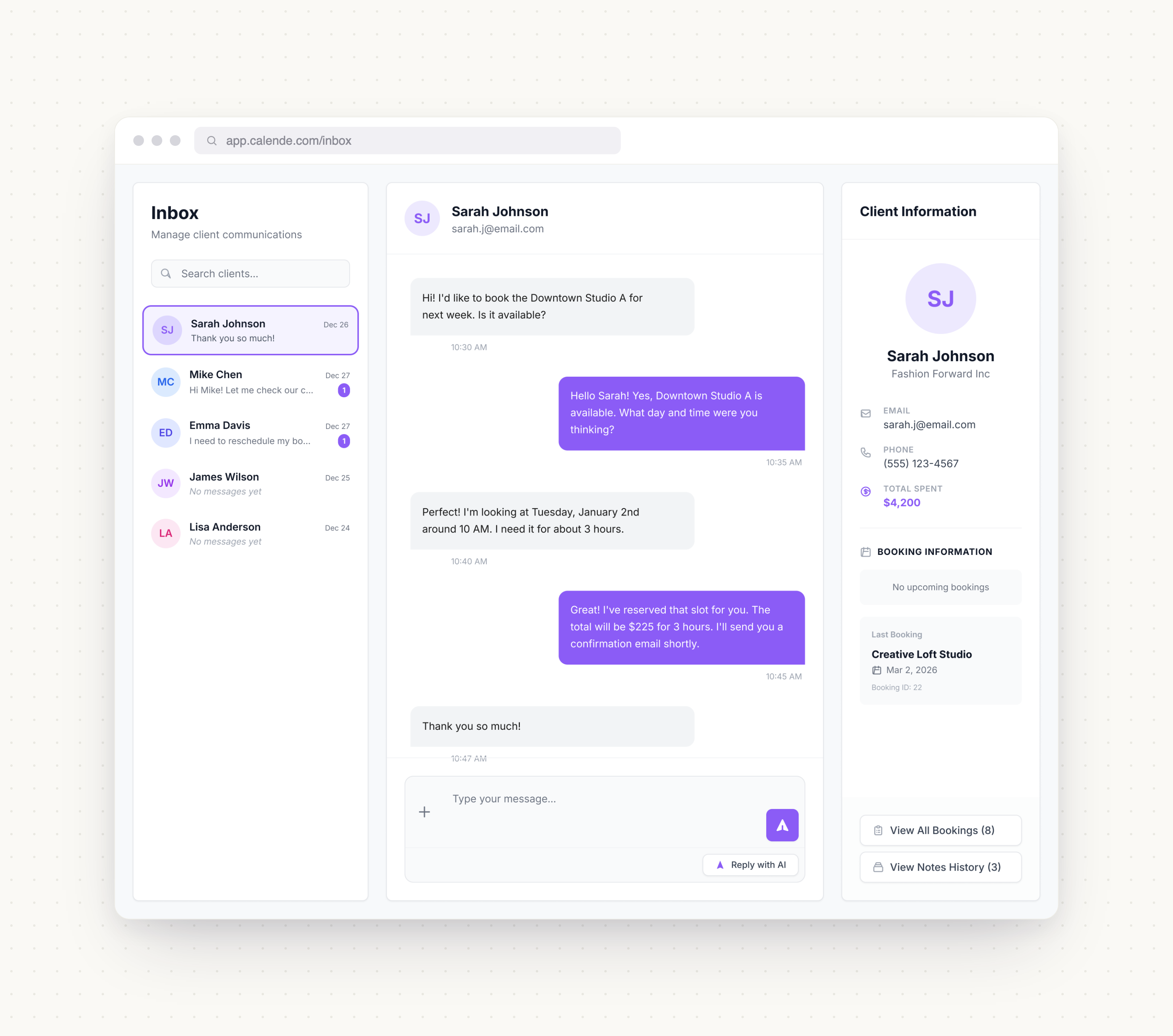 Calende client inbox — message thread with client profile and bookings side panel