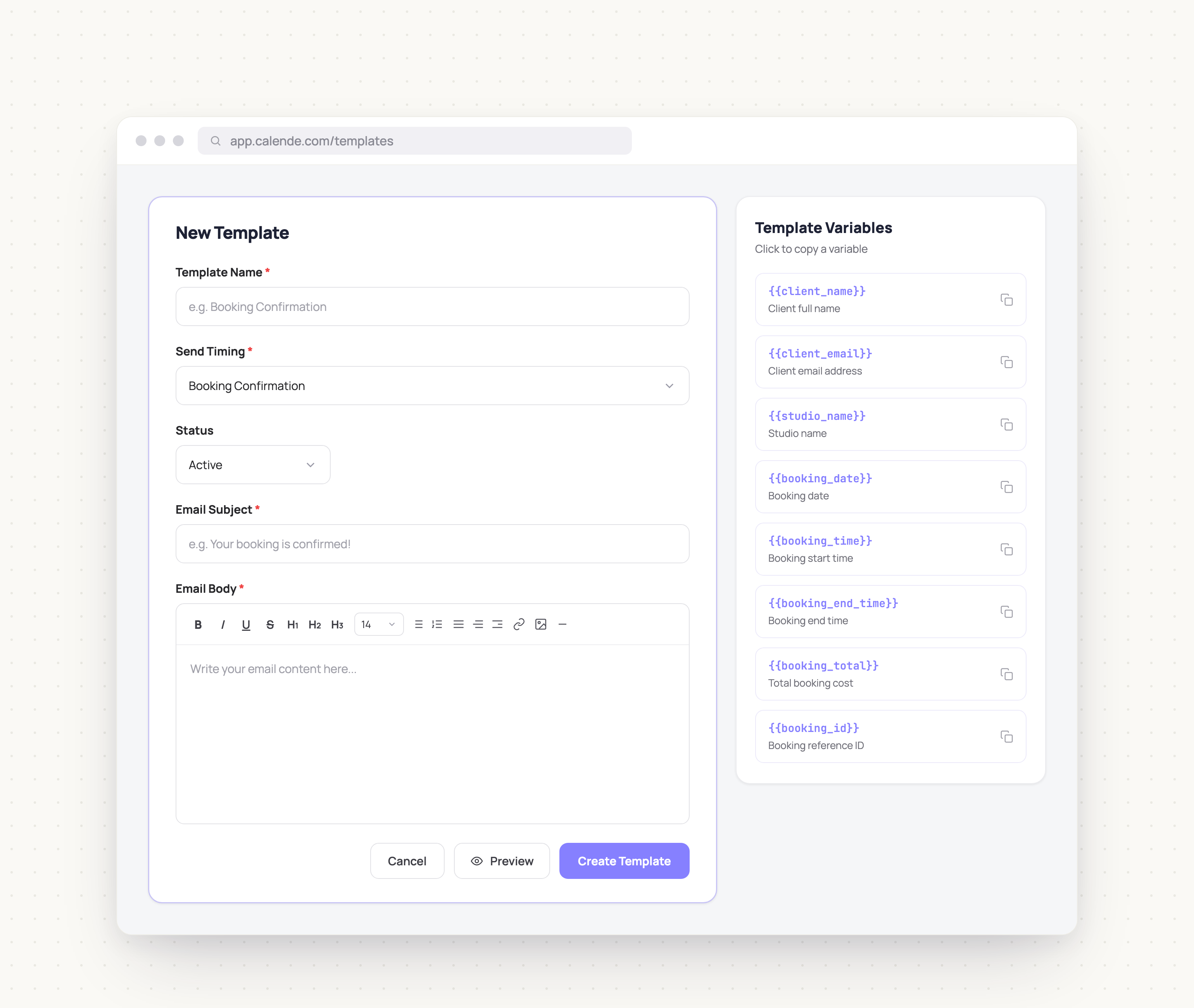 Calende dynamic emails — email editor with merge-field variables
