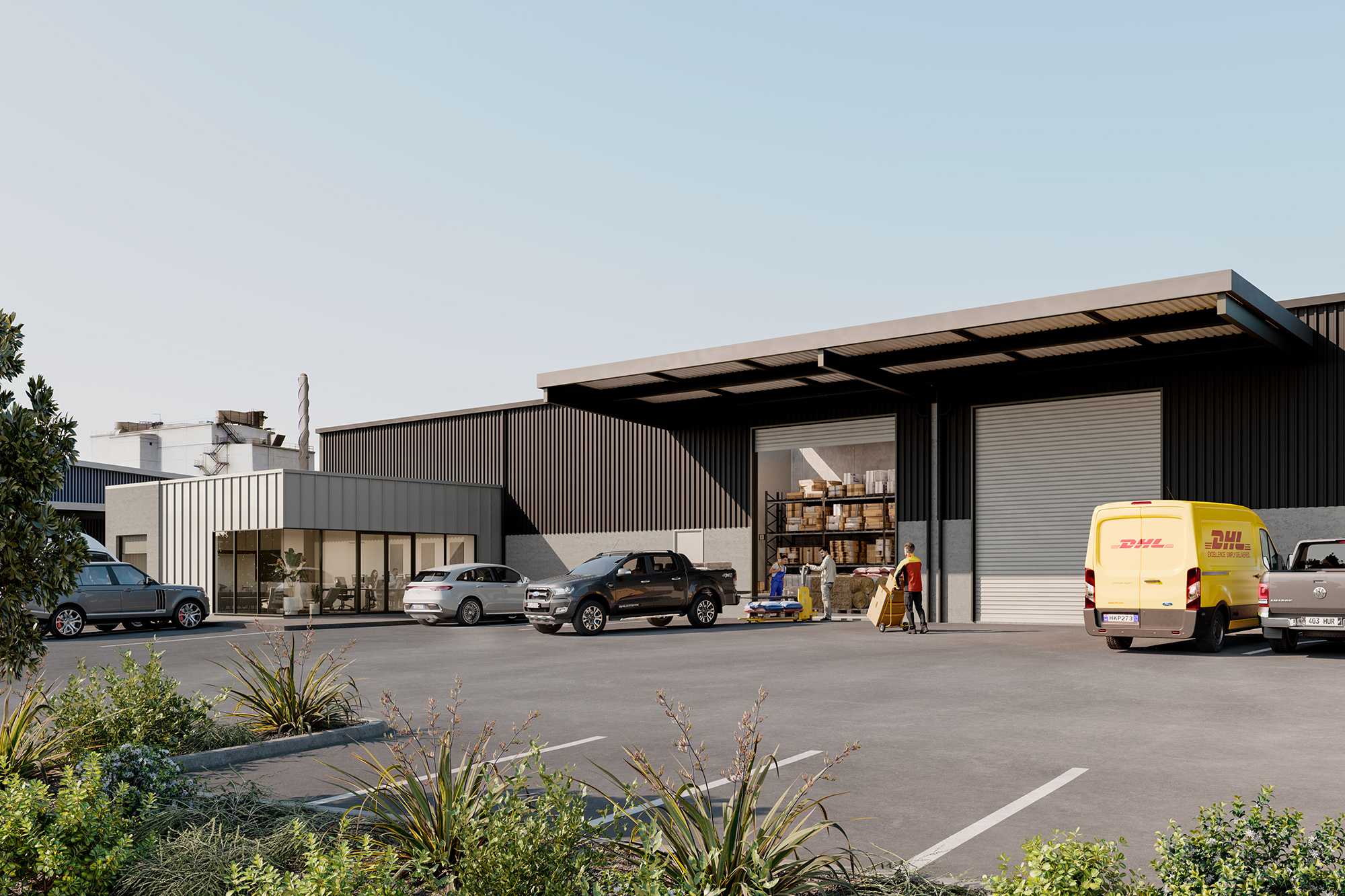 Warehouse exterior with multiple parked vehicles including a yellow DHL delivery van and workers handling packages near open loading bays.
