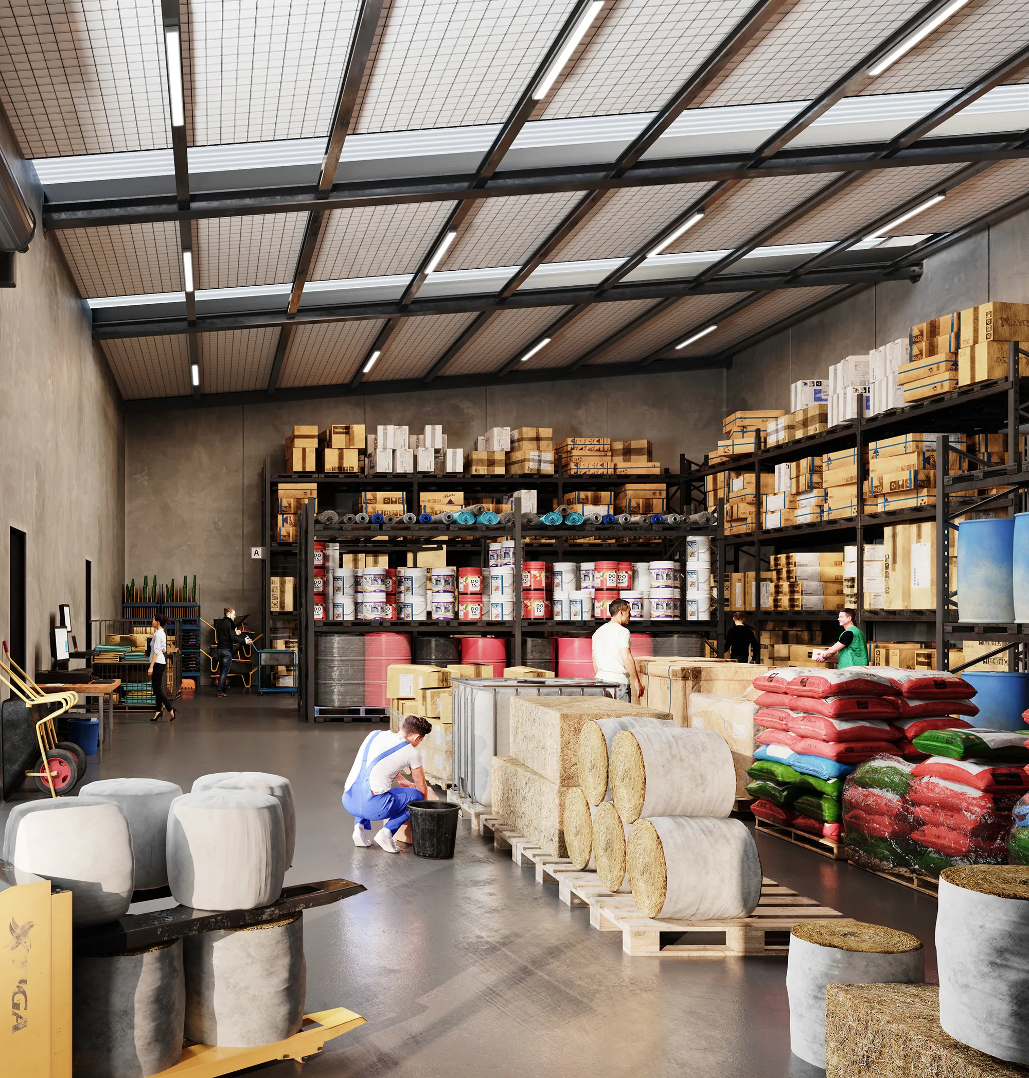 Warehouse interior with workers handling wrapped hay bales and stacked pallets of supplies under high shelves filled with boxes and barrels.