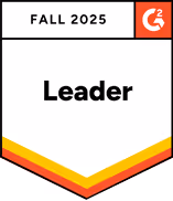 G2 Leader badge for Fall 2025 with red, orange, and yellow chevron design at the bottom.
