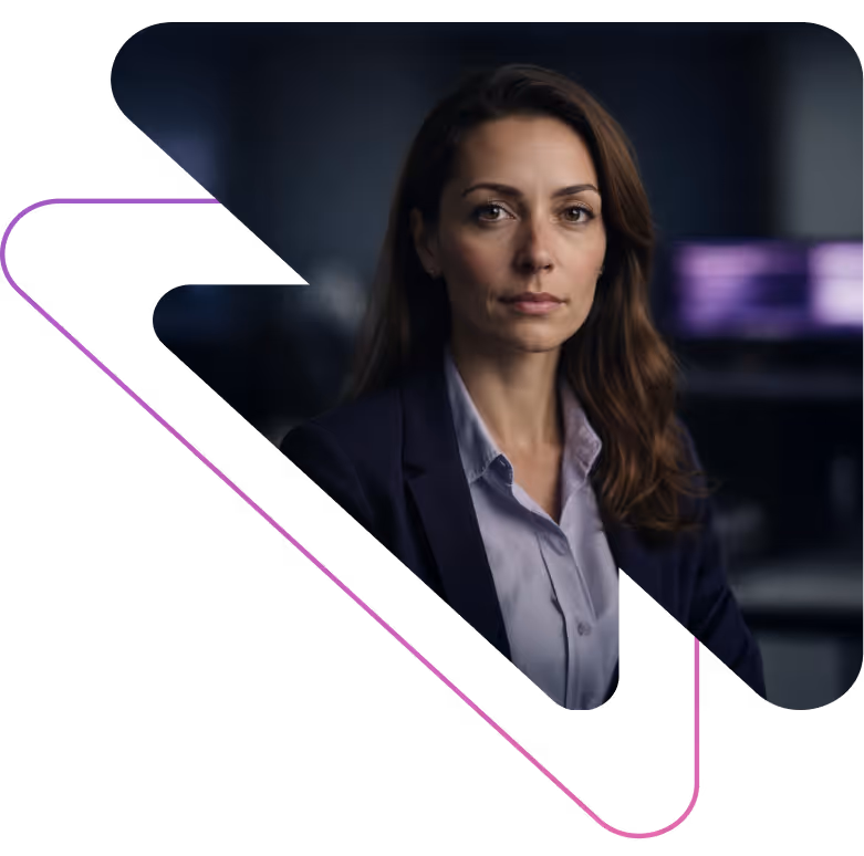 Professional woman with brown hair wearing a navy blazer and light blue shirt against a dark blurred office background.