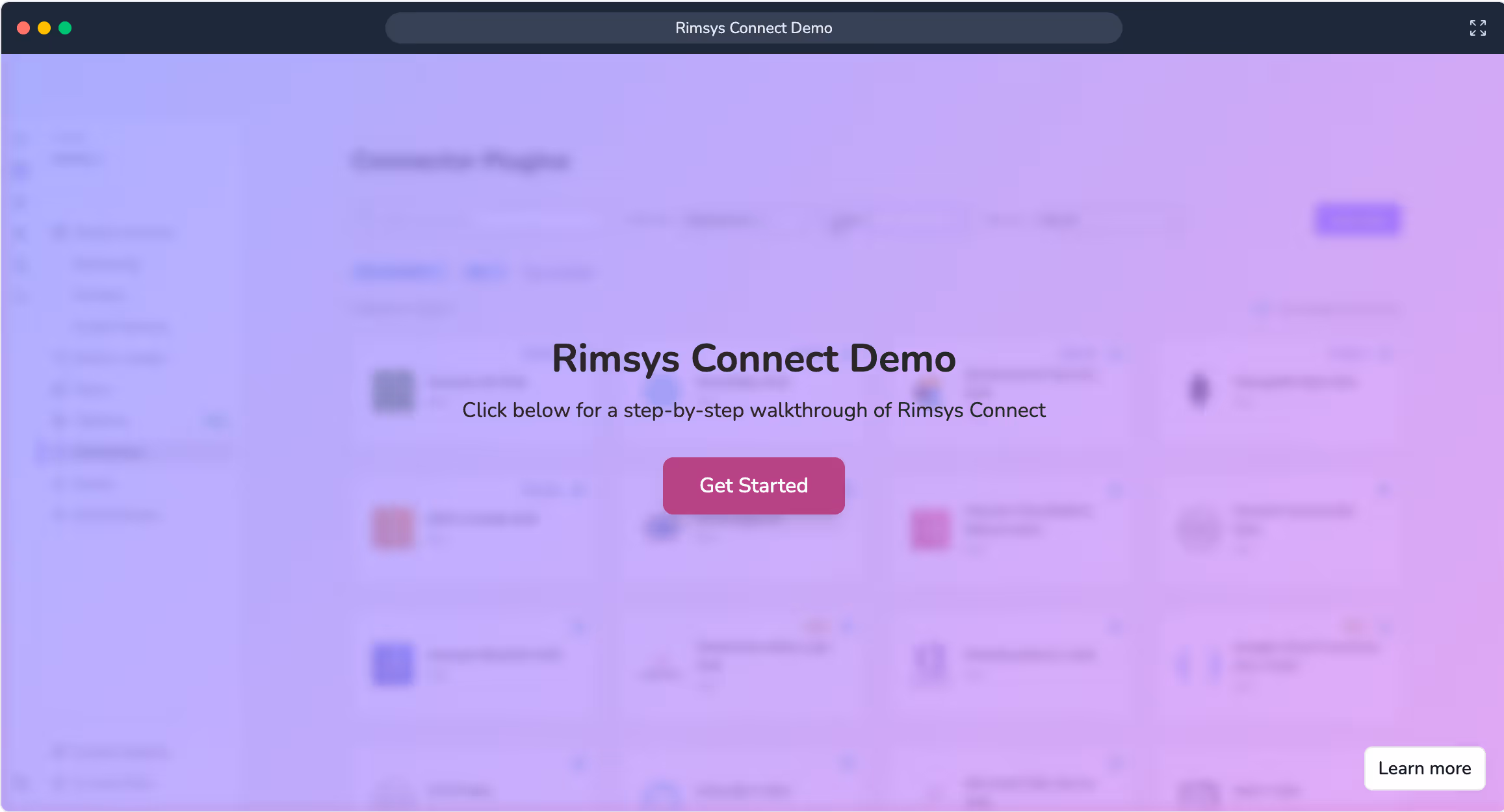 Rimsys Connect Demo screen with a prompt to click Get Started for a step-by-step walkthrough.