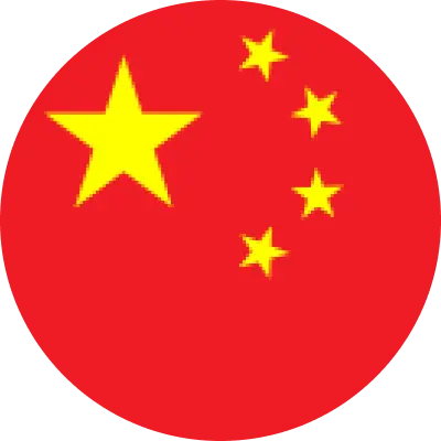 Circular representation of the flag of China with one large and four smaller yellow stars on a red background.